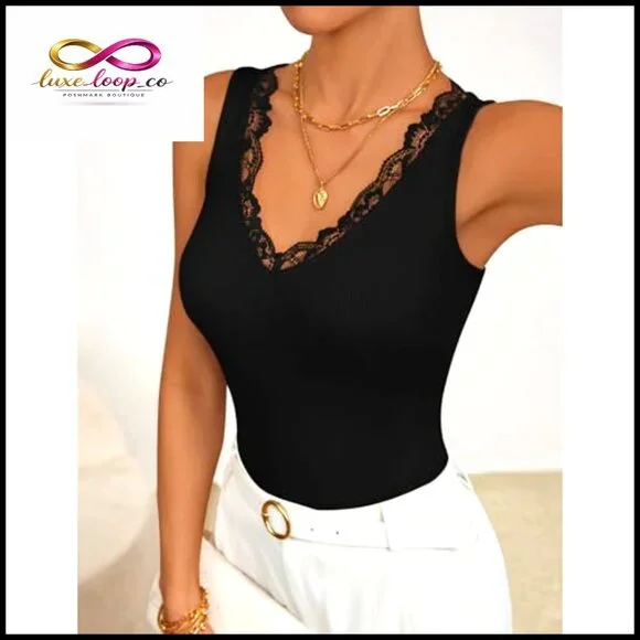 V-Neck Lace Trim Ribbed Knit Tank Top Sleeveless Casual Chic Summer - Picture 4 of 7
